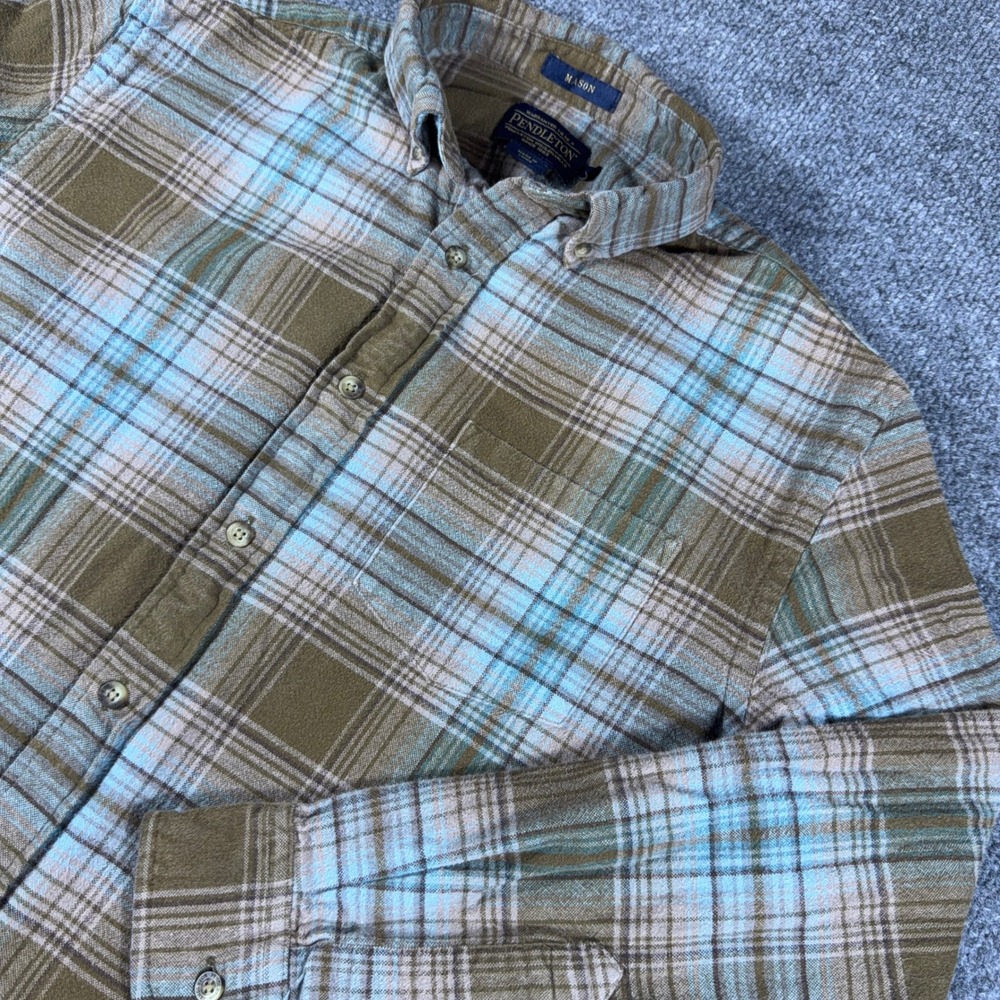 Pendleton Mason Mens Brown Blue Plaid Cotton Button Down Shirt Long Sleeve Large - Picture 2 of 11